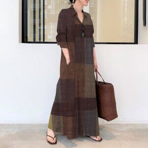 2/$40 Brown Patchwork Plaid Button Down Maxi Dress Long Sleeve with Pockets